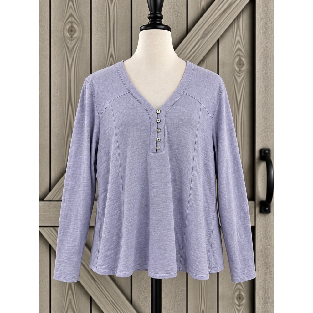 Pure Jill Organic Cotton Henley Top Size Large Purple V-Neck Long Sleeve